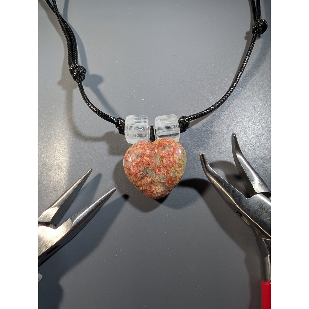 Unakite Heart Pendant Necklace Adjustable Black Cord Crystal Jewelry